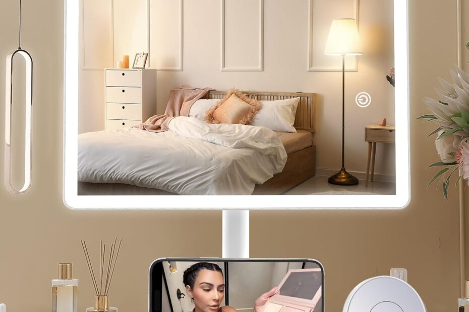 FUNTOUCH Smart Makeup Mirror With LED and Magnifying - Light up Make up Mirror with Phone Holder
