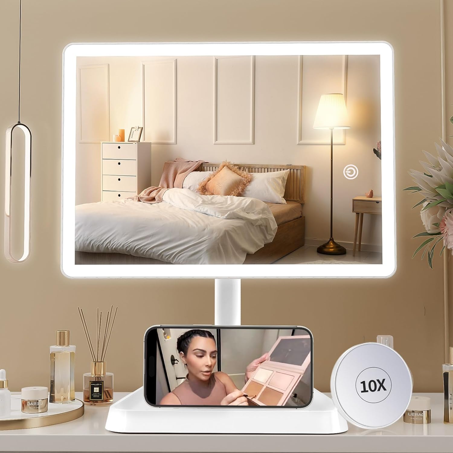 Smart Makeup Mirror With LED and Magnifying - Light up Make up Mirror with Phone Holder
