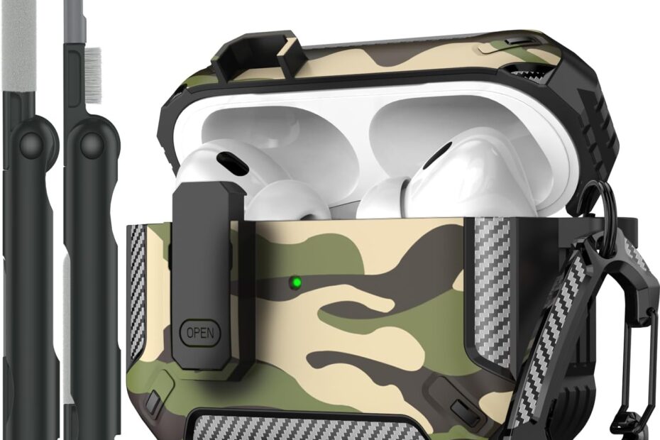 RFUNGUANGO AirPods Pro Military Case Camouflage - Protective Armor with Lock for AirPods - AirPods Case With Lock - With Cleaning Kit