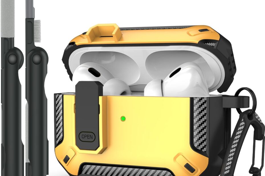 RFUNGUANGO AirPods Pro Military Case Industry Yellow - Protective Armor with Lock for AirPods - AirPods Case With Lock - With Cleaning Kit