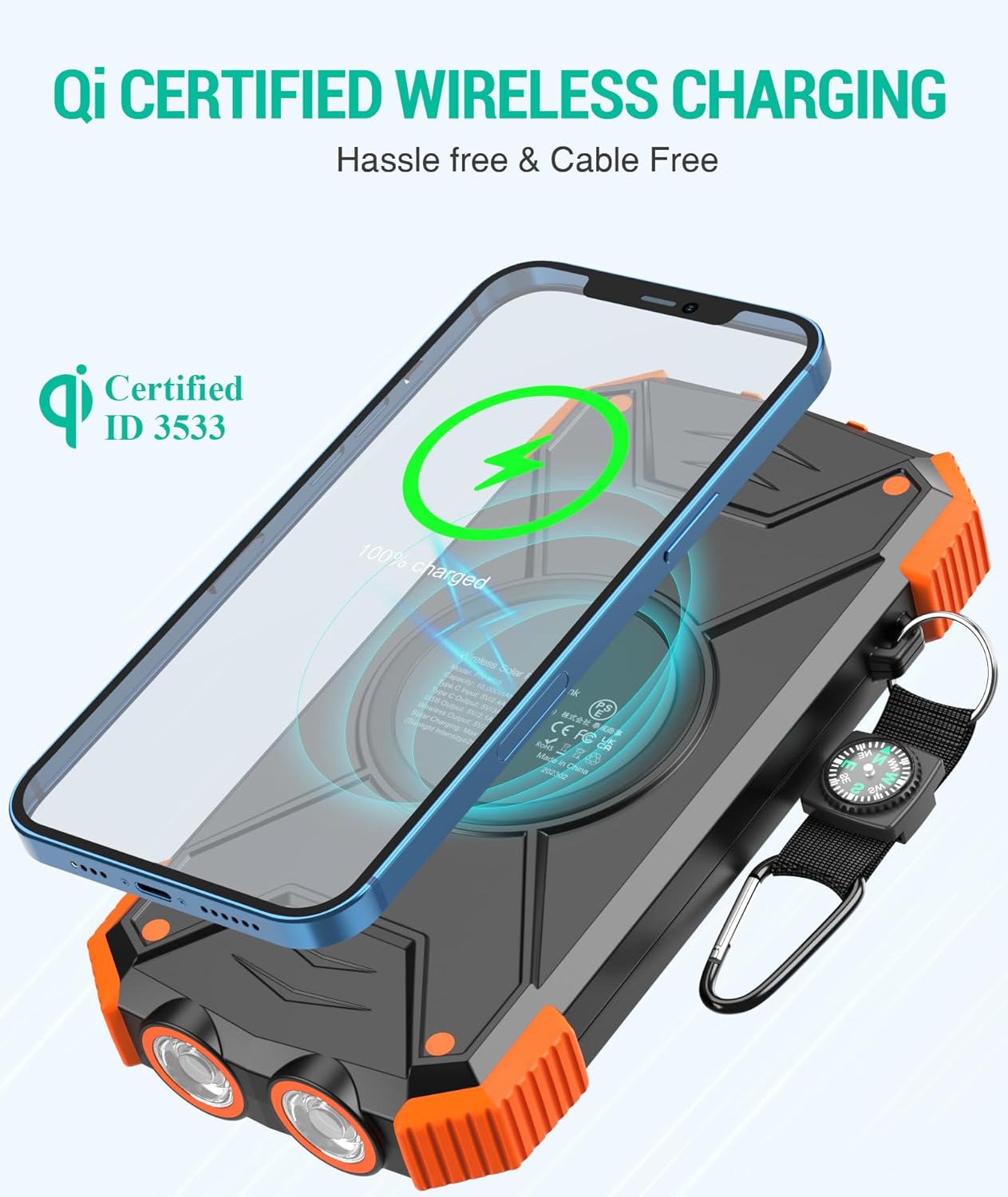 Solar Wireless Charger Powerbank - External Battery Pack with Dual Flashlight for Camping - With USB Type-C Input and Output