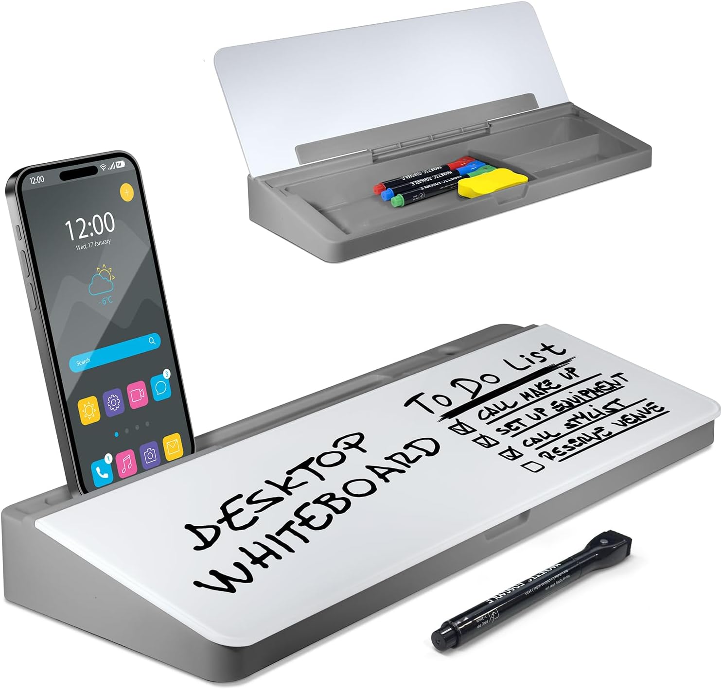 Desktop Whiteboard With Phone Holder - Glass Dry Erase Whiteboard - Markers Included