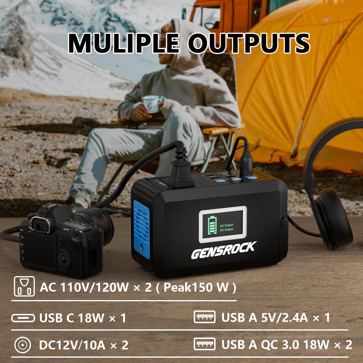 Solar Portable Power Station for Camping - 110V AC Outlet, QC 3.0, Type-C, Powerful LED Flashlight