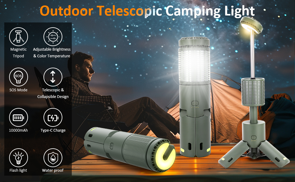ITEFDTUTNE Telescopic Flashlight with Magnetic Tripod - Outdoor Camping Lantern With Powerbank - Waterproof - Adjustable Brightness and Color Temperature - Wide Capability
