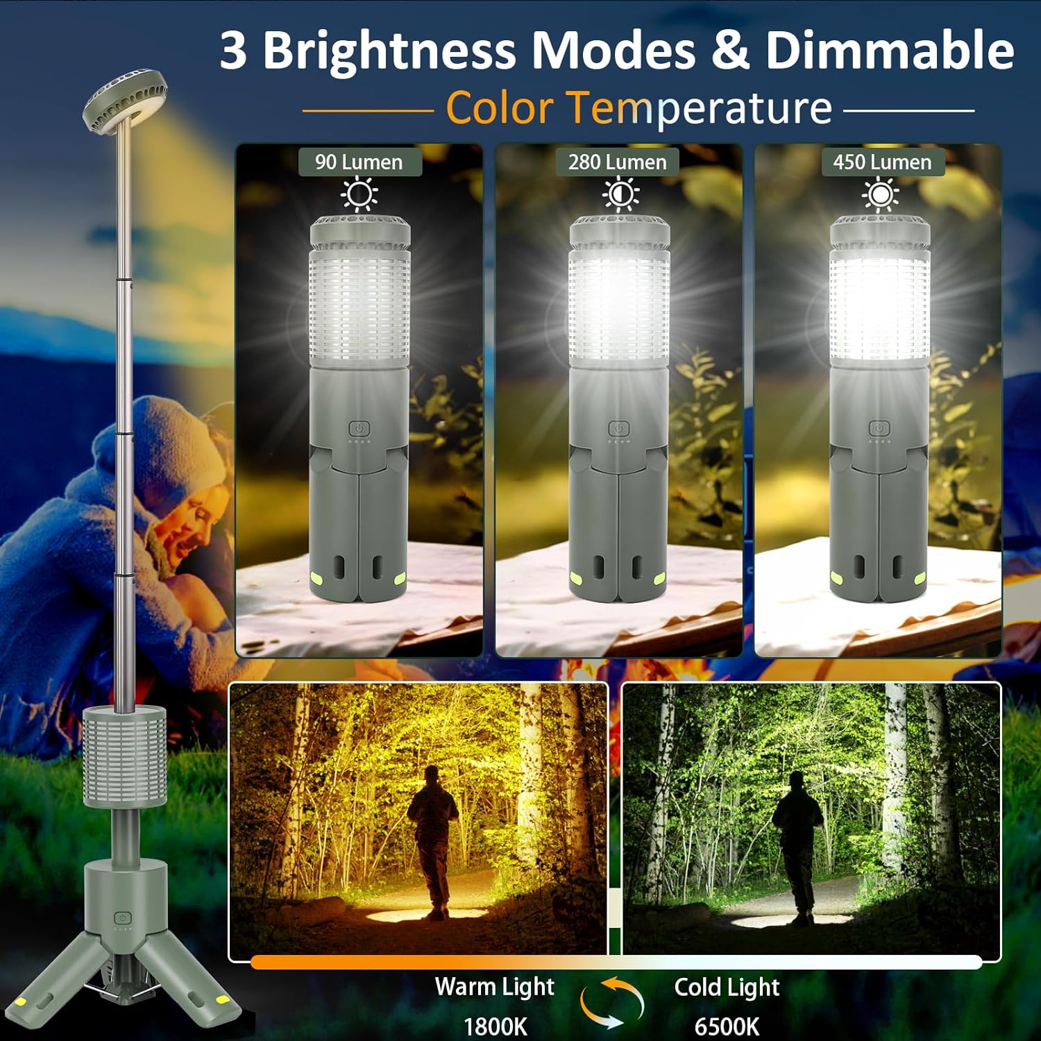 Telescopic Flashlight with Magnetic Tripod - Outdoor Camping Lantern With Powerbank - Waterproof - Adjustable Brightness and Color Temperature