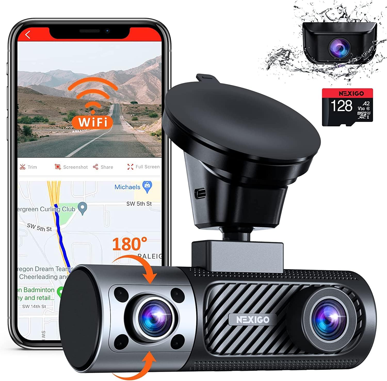 NEXIGO 3 Channel Dashcam with Night Vision - Rotatable Interior Camera - Hight Quality 4K Automobile Camera - Dashcam with GPS, WiFi