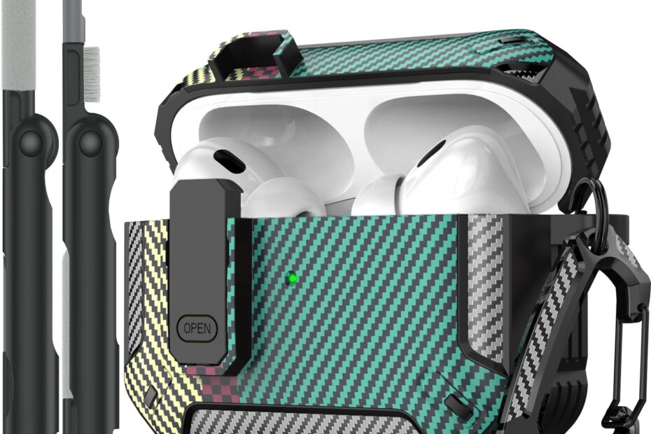 RFUNGUANGO AirPods Pro Military Case Green Carbon Fiber - Protective Armor with Lock for AirPods - AirPods Case With Lock - Carbon Fiber Green Case