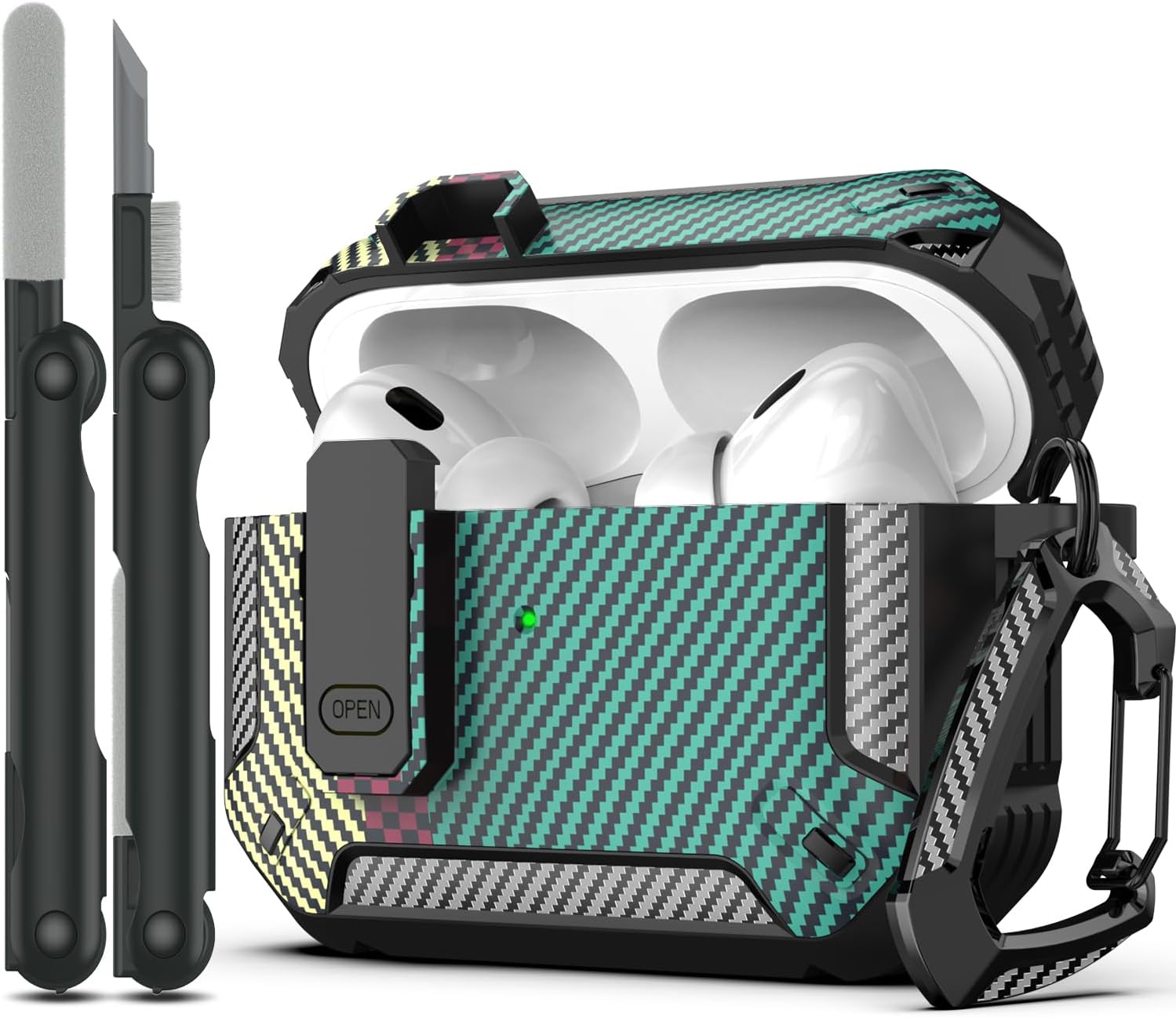 AirPods Pro Military Case Carbon Fiber Green - Protective Armor with Lock for AirPods - AirPods Case With Lock - With Cleaning Kit