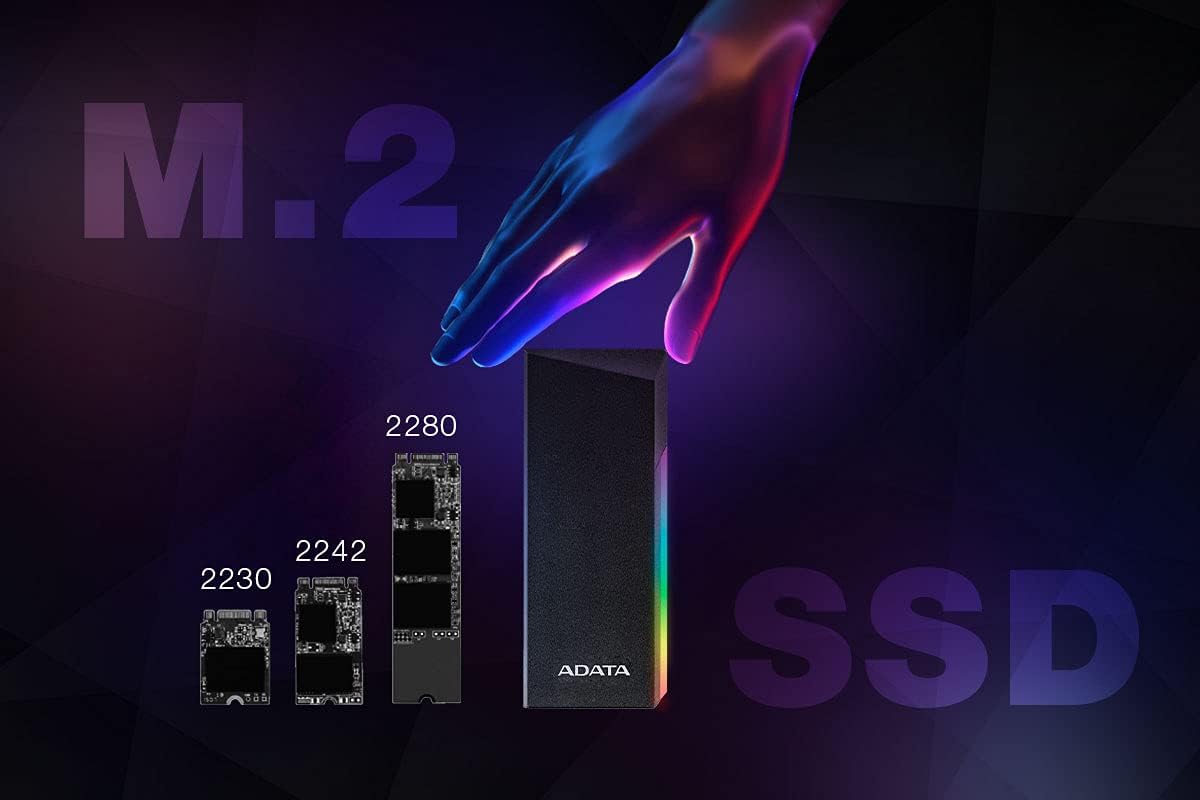 ADATA SSD Box with RGB - SSD Enclosure Case with RGB - M.2 2280, 2242, 2230 PCIe, NVMe, SATA - USB Type-C Interface Compatibility