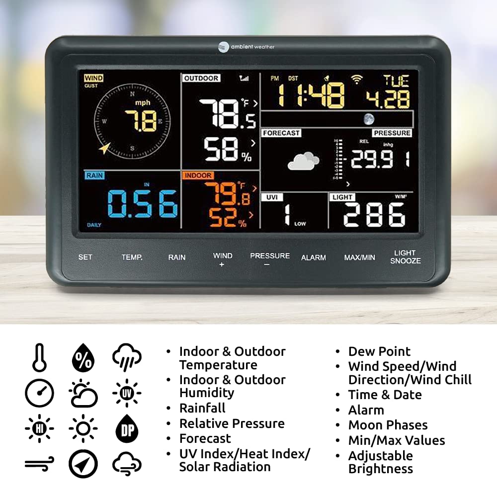 AMBIENT WEATHR Smart Ambient Weather - WiFi Weather Station - Solar Powered - Temperature - Rain Rate - Wind Speed - Humidity - Pressure