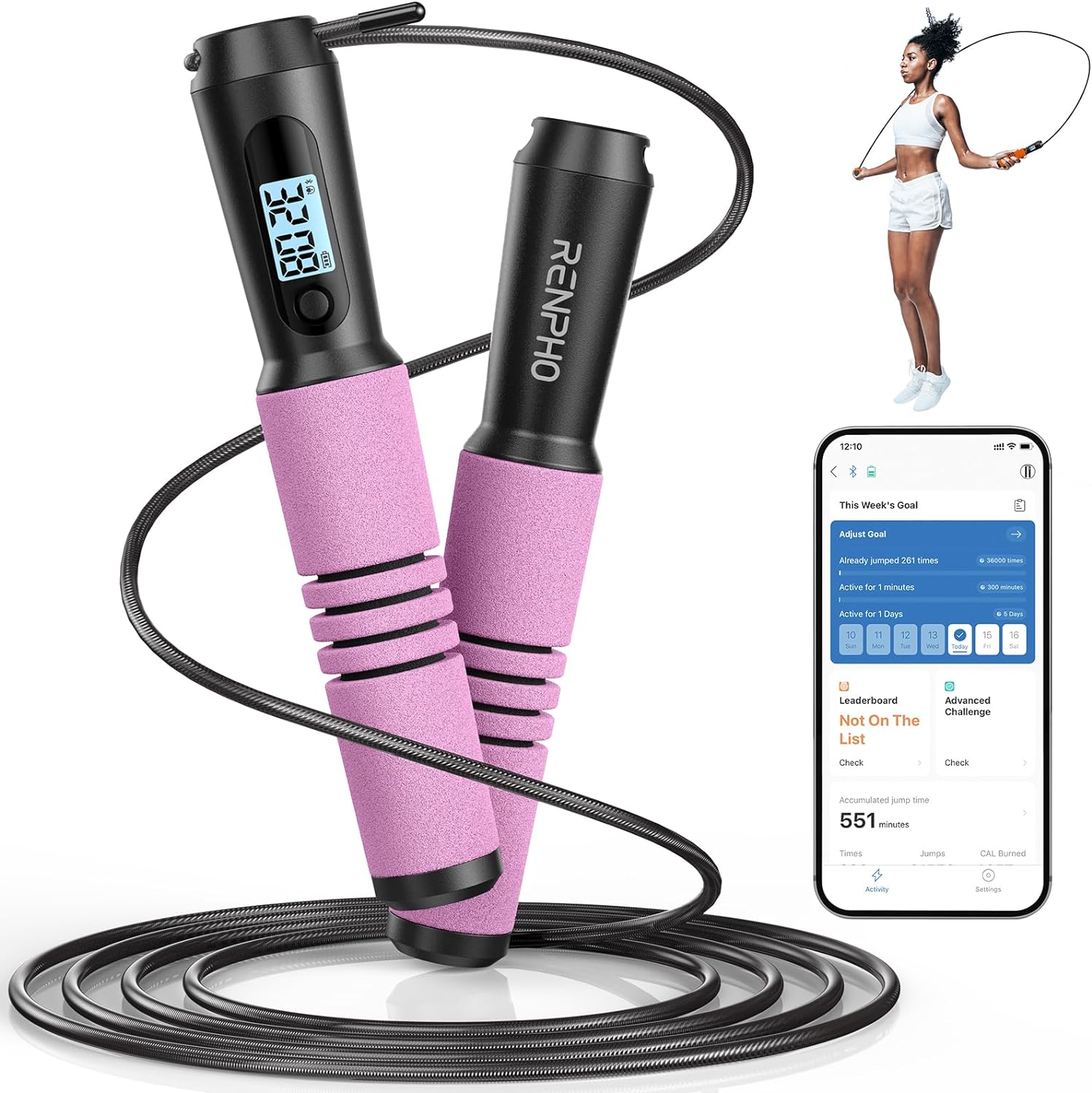 RENPHO Smart Jump Rope With Fitness Tracker - Smart Skipping Rope With Data Analysis - Workout Jump Ropes With Counter
