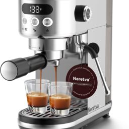 NERETVA Compact Espresso Maker with LED - Milk Frother - Stainless Steel - Professional Coffee Machine - Espresso Latte and Cappuccino Maker