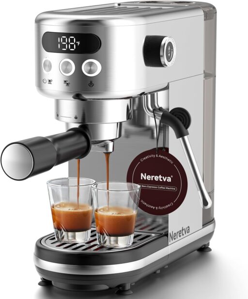 NERETVA Compact Espresso Maker with LED - Milk Frother - Stainless Steel - Professional Coffee Machine - Espresso Latte and Cappuccino Maker