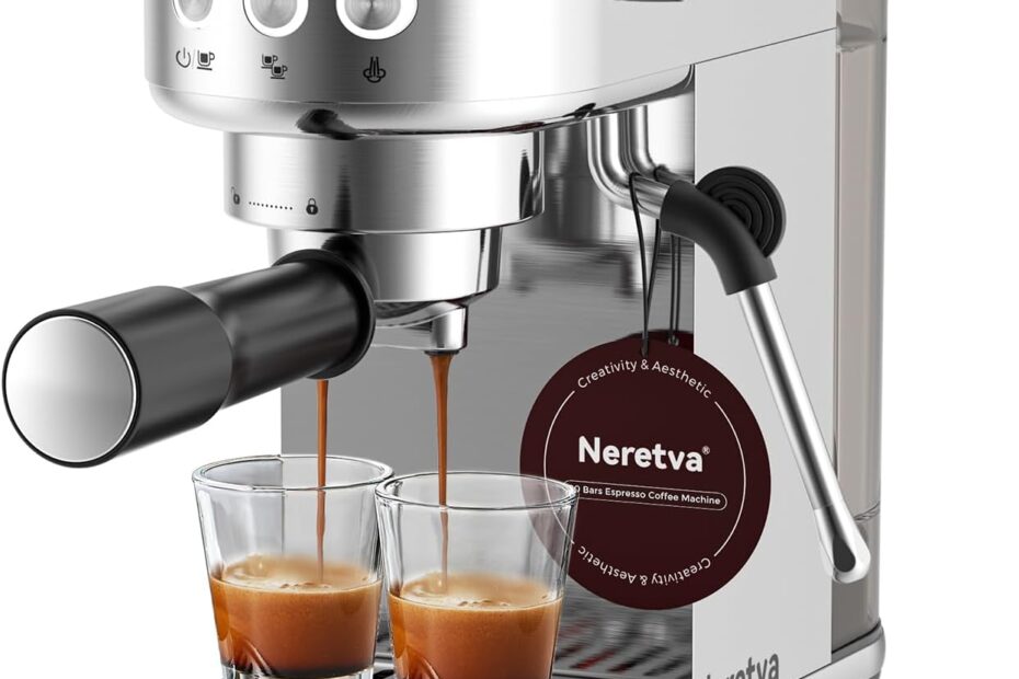 NERETVA Compact Espresso Maker with LED - Milk Frother - Stainless Steel - Professional Coffee Machine - Espresso Latte and Cappuccino Maker