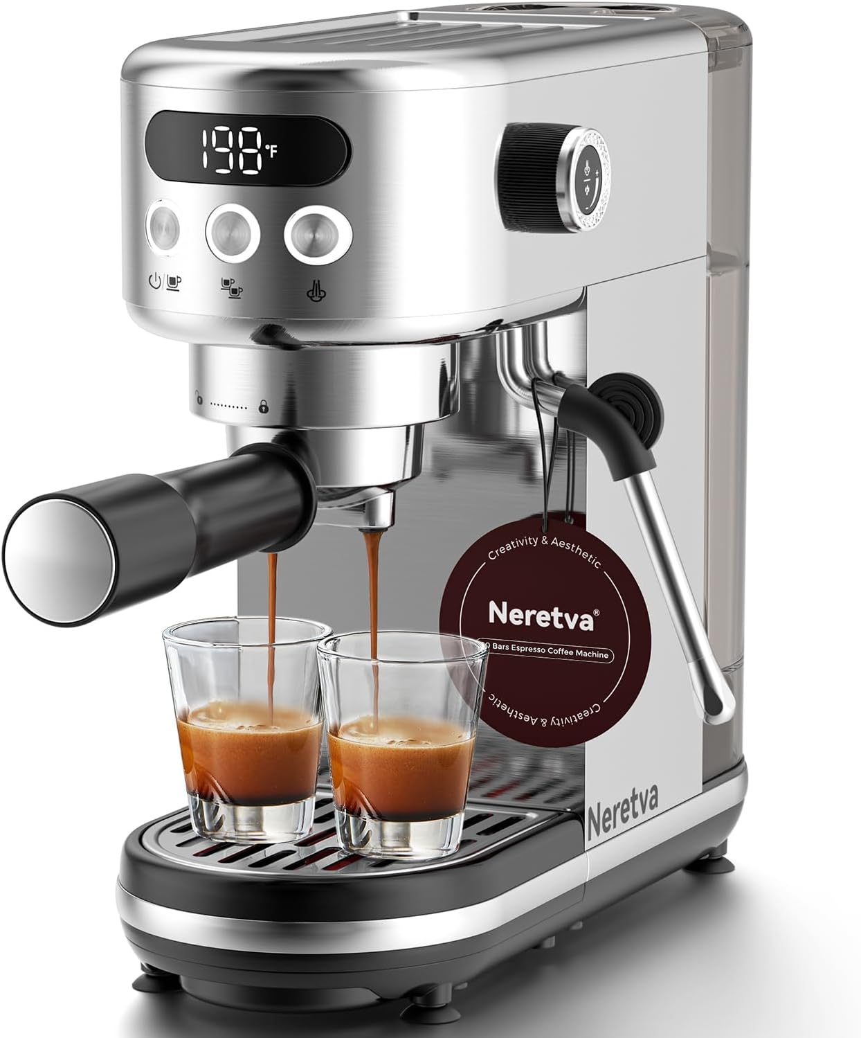 NERETVA Compact Espresso Maker with LED - Milk Frother - Stainless Steel - Professional Coffee Machine - Espresso Latte and Cappuccino Maker