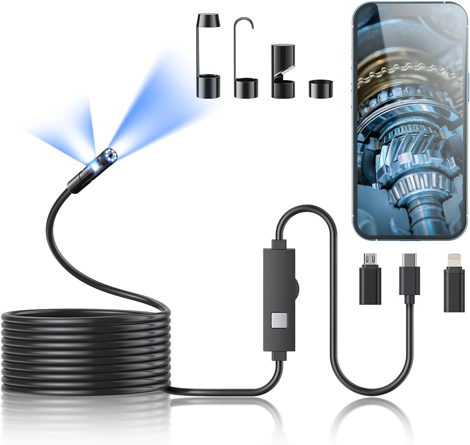 KINPTHY Endoscope Camera for iPhone with Light - Borescope Tools - Adjustable LED - Rigid Snake Camera - Waterproof Inspection Camera for Android