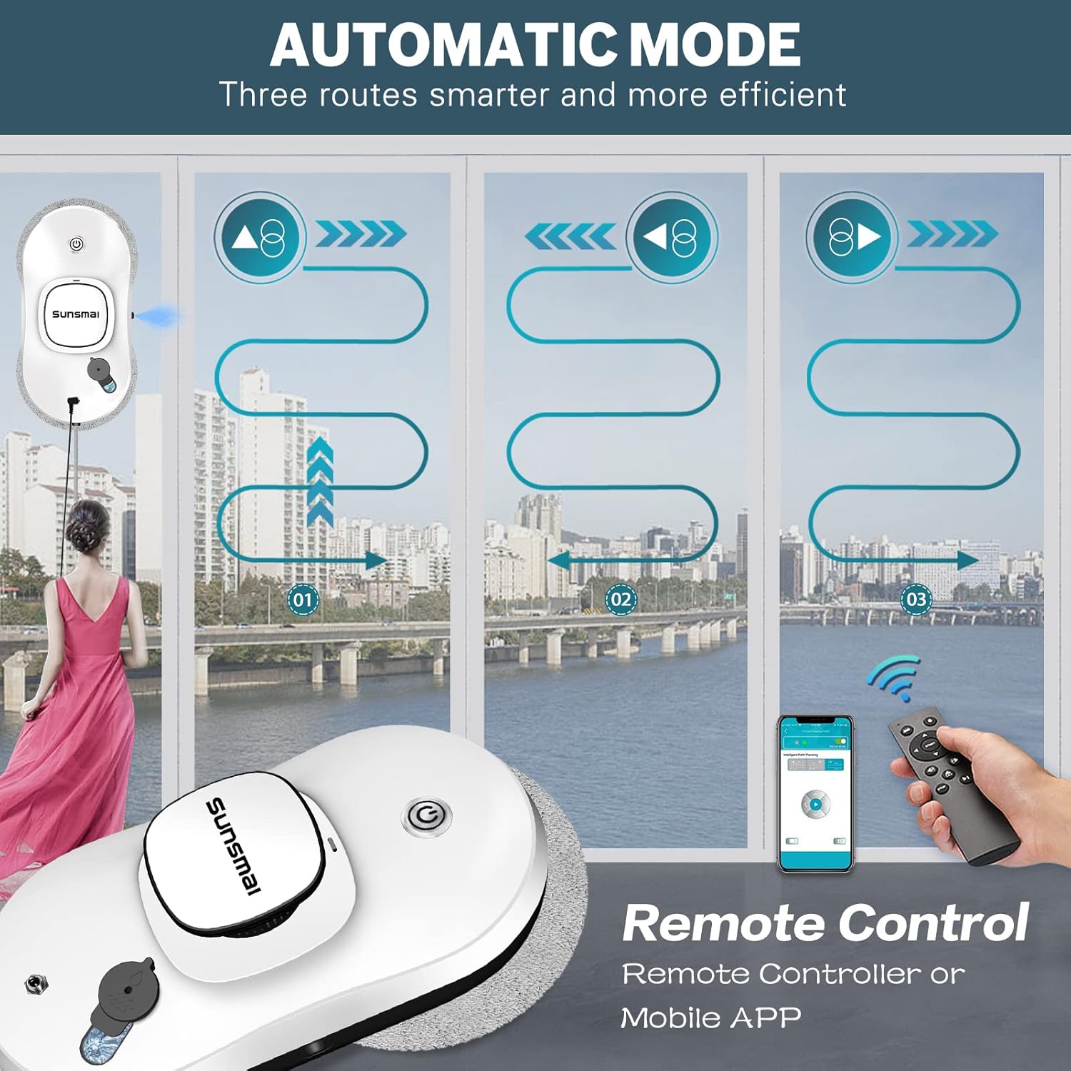 SUNSMAI Robotic Smart Window Cleaner - Automatic Water Spray - Remote Controlled Robot Window Washer for Windows, Tiles, Glass Door