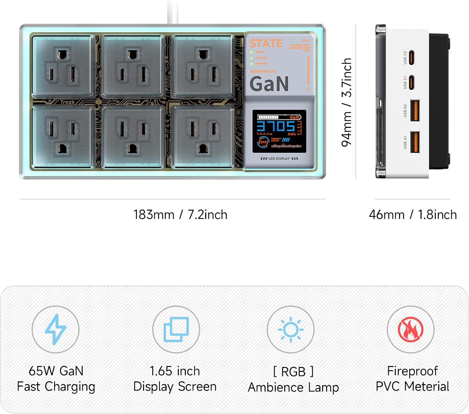 TROZK Surge Protector Power Strip - 6 Outlets with 2 USB A and 2 USB C Port - Digital Screen - GaN 65W Fast Charger