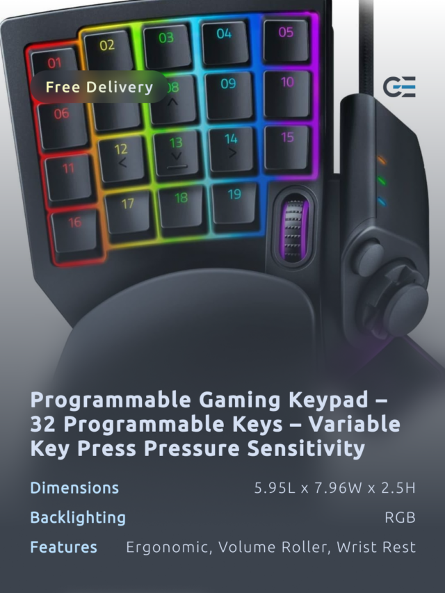 Programmable Gaming Keypad – 32 Programmable Keys – Variable Key Press Pressure Sensitivity – Ergonomic, Volume Roller, Wrist Rest