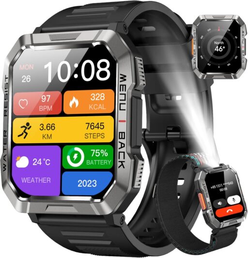 BLACKVIEW Military Smartwatch with Flashlight - 100 Days Battery, Compass, Heart Rate, Sleep Monitor, Fitness Tracker