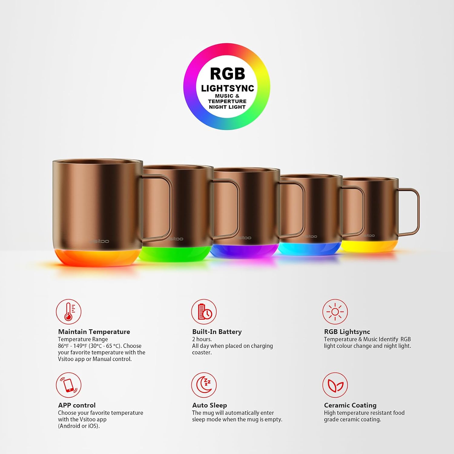 VSITOO Smart Mug With RGB, Self Heating, Temperature Control Heated Coffee Mug, RGB Lightsync Warmer Mug