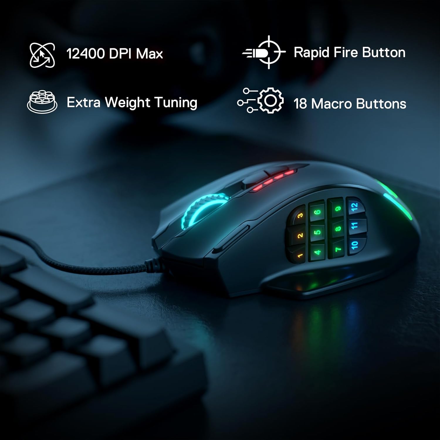 REDRAGON Gaming Mouse with Macro Shortcuts -12 Programmable Buttons Side Keypad - RGB